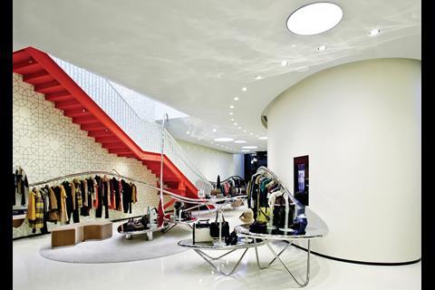 Marni’s 6,000 sq ft flagship store located in Beijing Sanlitun is lit predominantly by LED downlights combined with white Perspex discs backlit with LED strips